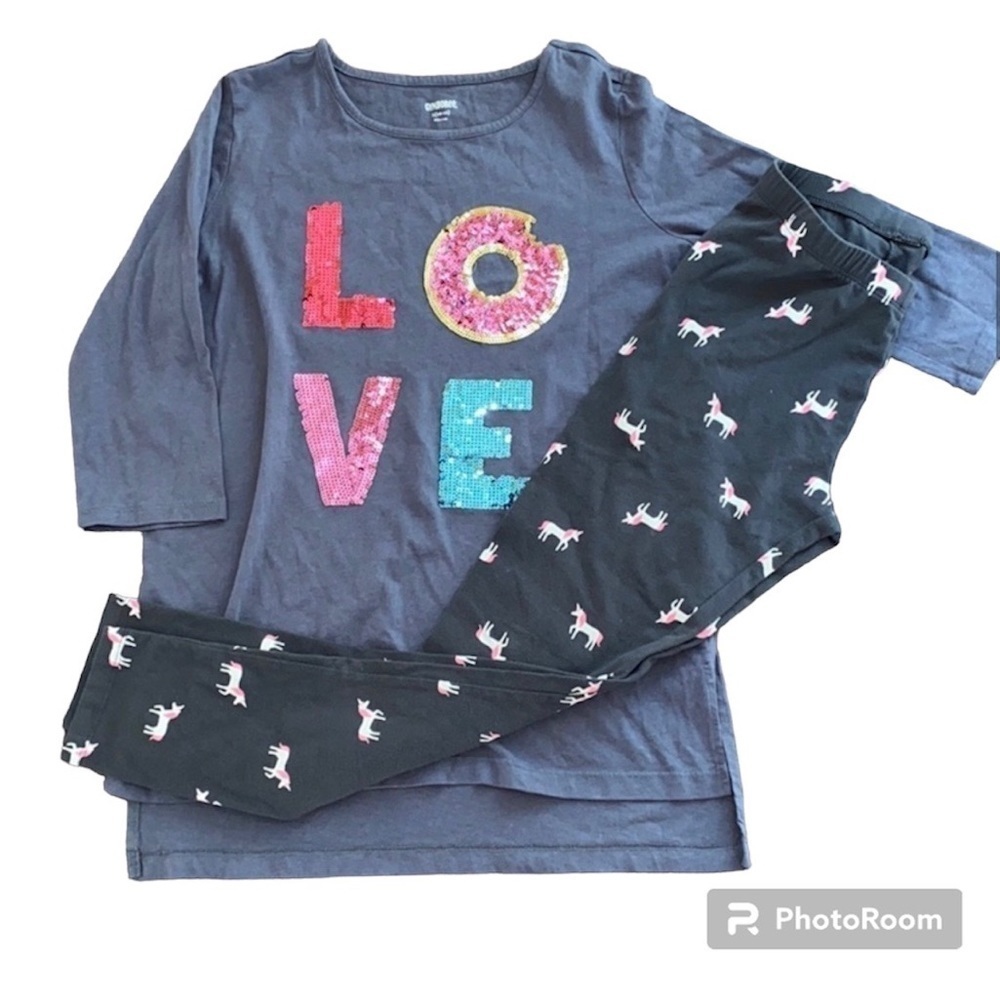Gymboree Girls 10/12 Outfit Love Donut Sequin Top & Unicorn Leggings Set